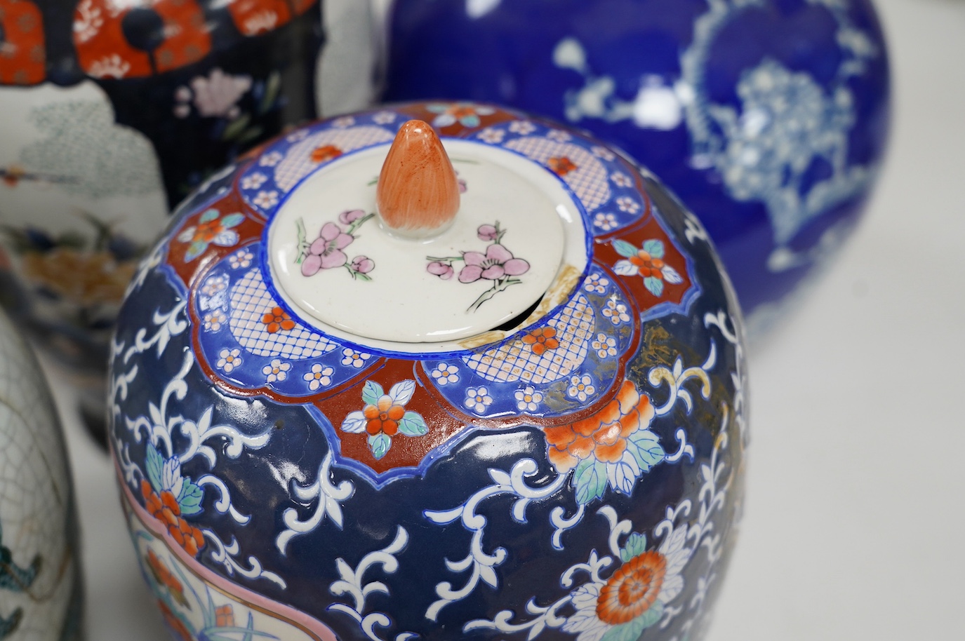 Two Japanese Imari vases and three various Chinese vases, largest 46cm. Condition - poor
